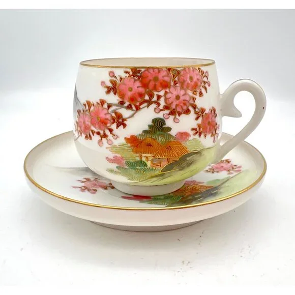 Vintage Japanese Geisha Lithophane Demitasse Teacup Saucer Cherry Blossoms Gilt - Picture 2 of 8